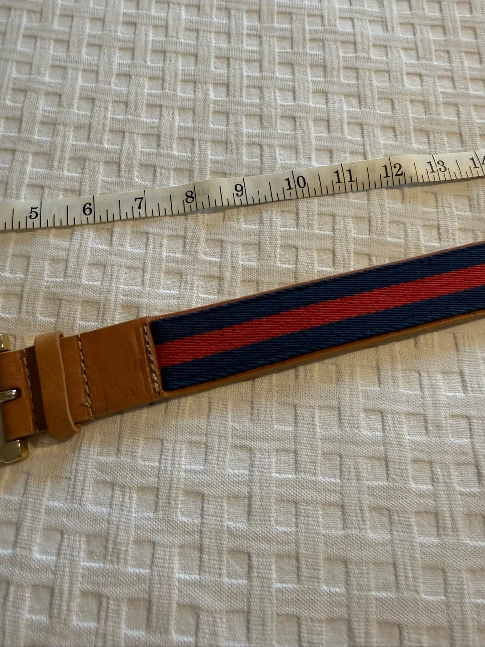 Michael Kors Gold Tone Buckle with Tan Leather blue and red stripe Accents